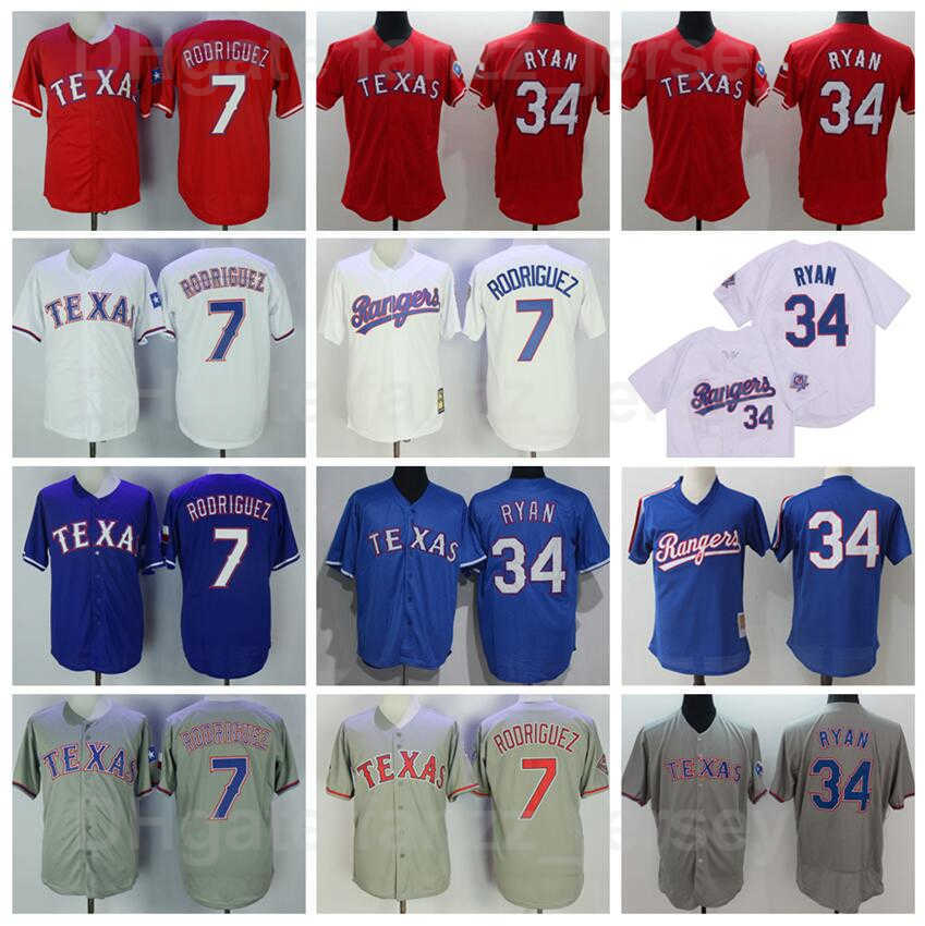 Retro 1993 Baseball 34 Nolan Ryan Vintage Jerseys 7 Ivan Rodriguez Pull Cousu Et Cousu Sur Cooperstown Rouge Bleu Blanc Gris Flexbase Cool Base R