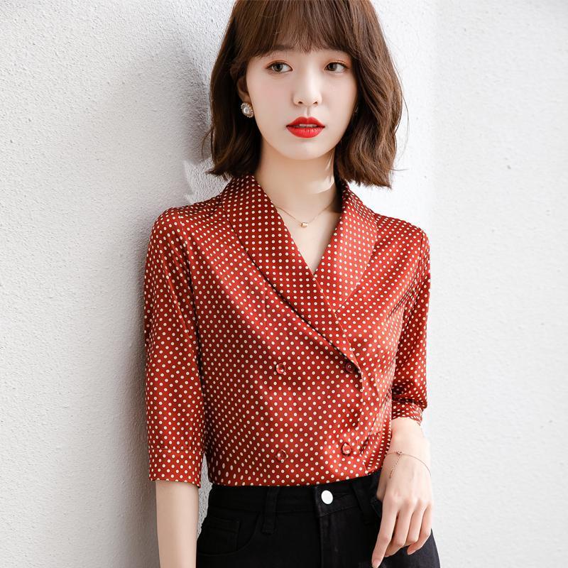

Women' Blouses & Shirts Blouse Women 2022 Spring Summer Vintage Doulbe Breasted Polka Dot Print Notched Womens And Tops Ropa De Mujer