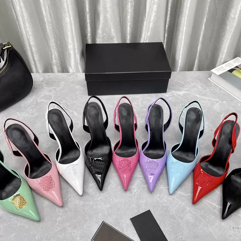 

Medusa Dress Shoes for womens Top quality rhinestone Buckle Embellished Sandals Pumps Luxury Designer pointed toes 10cm high heeled Sandal Factory shoe 35-42, Red satin