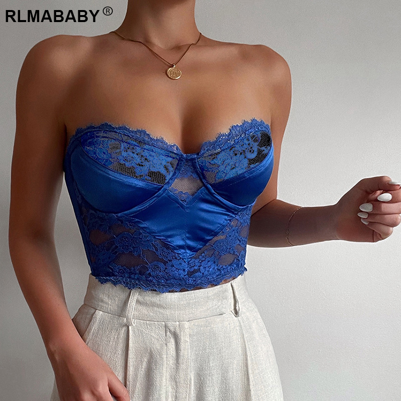 

Sexy Elegant Strapless Backless Black Lace Crop Camis Top Fashion Slim See Through Night Club Summer Women Blue Camisole Top