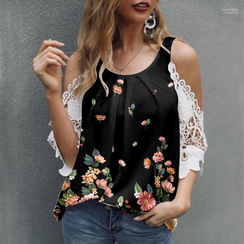 

Women' Blouses & Shirts Summer Tops Women 2022 Casual Lace Sleeve Blouse Off Shoulder Tank Top Fashion Floral Printed T Shirt Female Loose, Blue