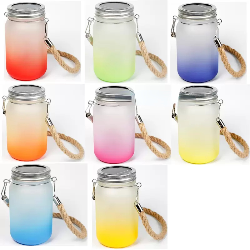 

Sublimation Blanks Mugs 15oz Mason Glass Cup Tumbler Gradient Frosted Glass Jar Beverage Drinking Cups Beer Mug Hemp Rope Handle, As pic show