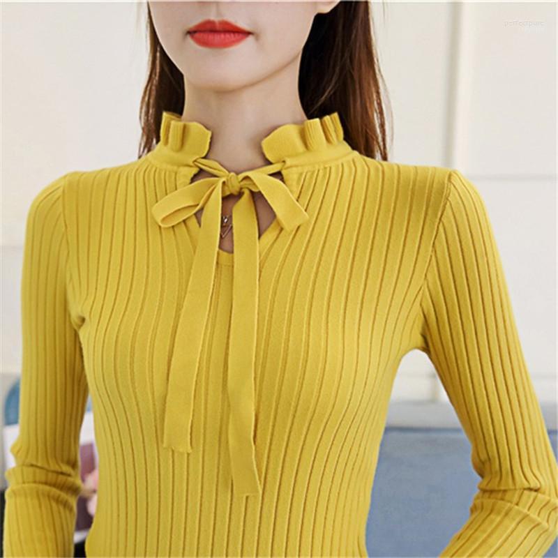 

Women's Sweaters Bow Solid Sweet Women Fashion Autumn Winter 2022 Pullovers Basic Lace Up All Match Pull Femme Slim 13387 Perf22, Black