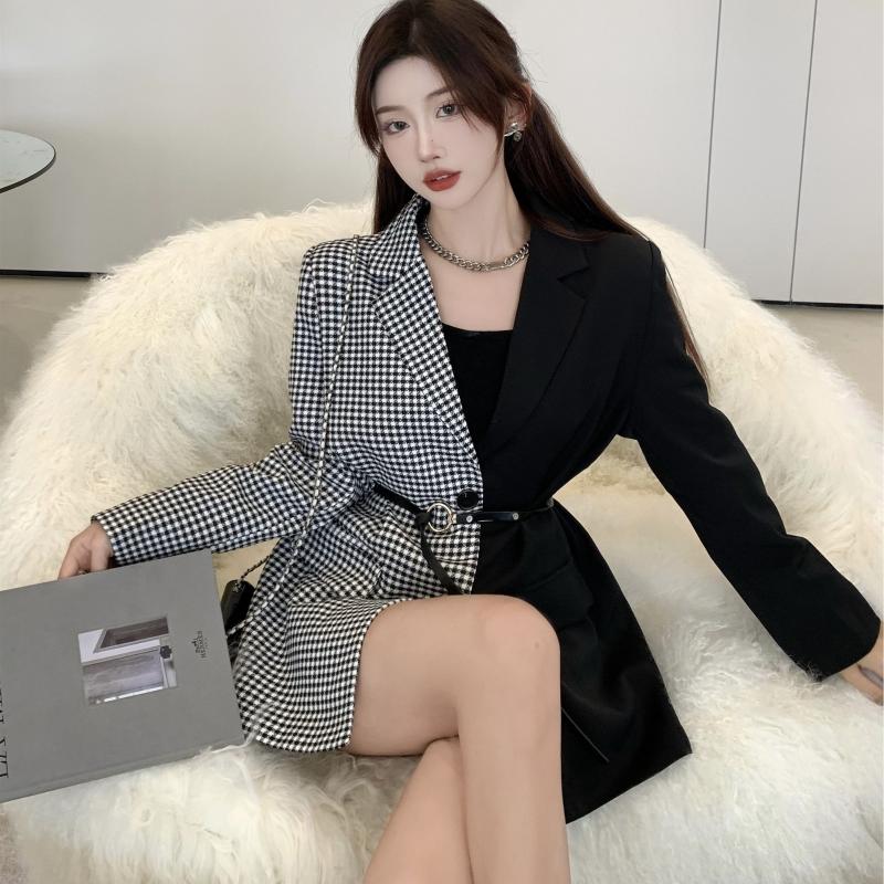 

Women' Suits & Blazers Women' Wear  Coat Female Fashion Splicing Autumn Plaid Full Sleeve Sashes Korean Version Office LadyWomen, Black