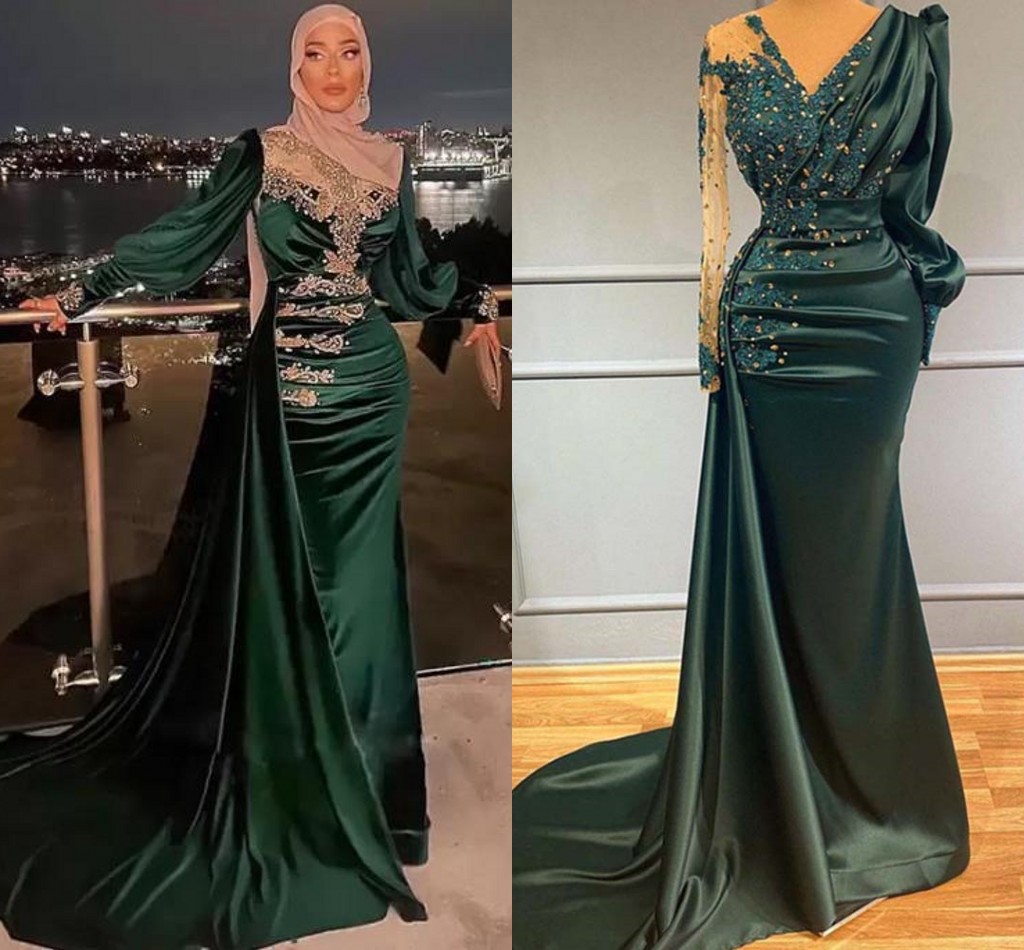 Hunter Green Muslim Sirène Robes de bal Sexy Geded Long Manches Occasion Robes nocturnes 2022 Train Festion Fête Robes de soirée