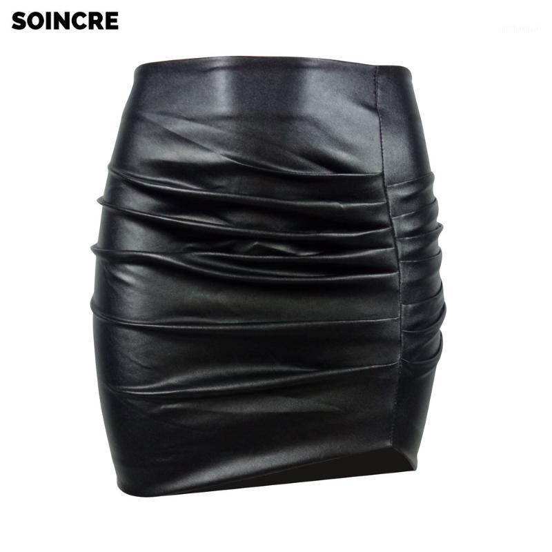 

Skirts 2022 Spring Solid Color Pu Zipper Bag Hip Skirt Sexy High Waist Elastic Fold Stitching Half-length Leather Female, Black