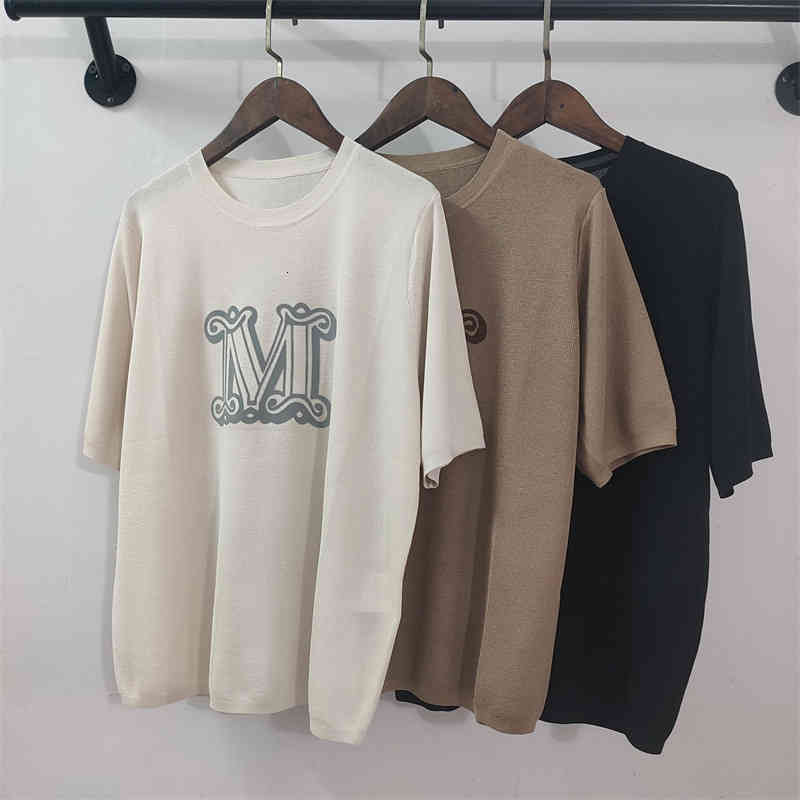 Women's Knits Tees Loose flocking large M-letter Tencel and mulberry silk four flat weave round neck short sleeve sweater top
