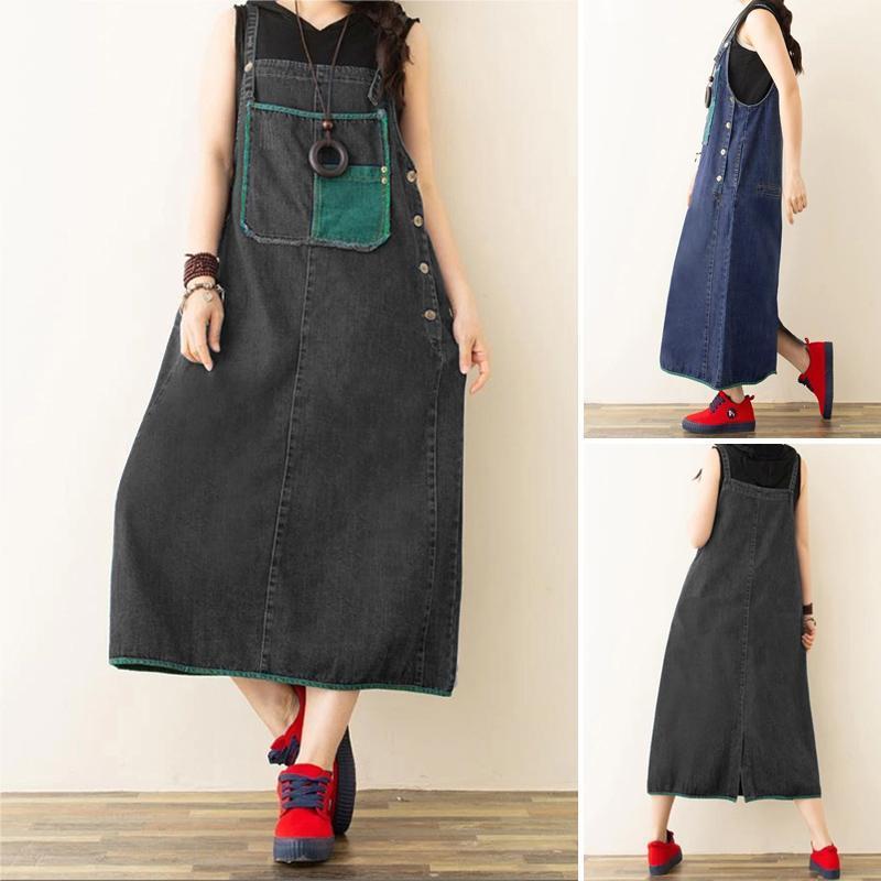 

Casual Dresses Buttons Pockets Split Vestidos Kaftan Summer Loose Dungarees Sleeveless Sundress Women Robe Patchwork Femme Plus Size, Black