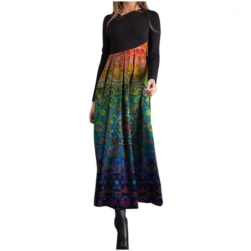 

Casual Dresses Geometric Patchwork Tie Dye Long Sleeve For Women Round Neck Loose Maxi Sundress Harajuku Robe Vestidos, Gray