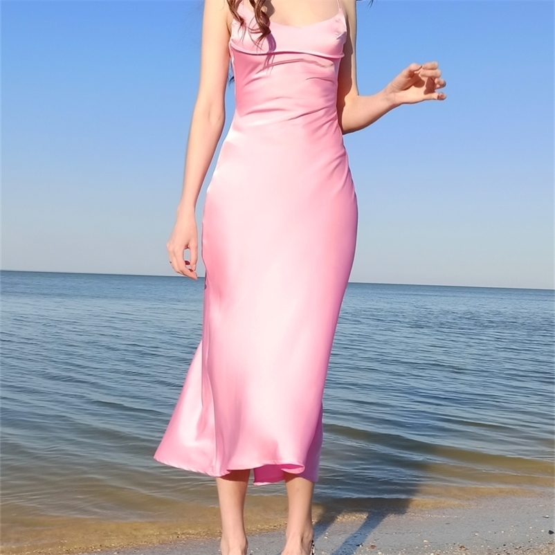 

Elegant Women Pink Hollow Out Satin Midi Dress Sexy Backless Spaghetti Strap A Line High Waist Female Dresses 220614