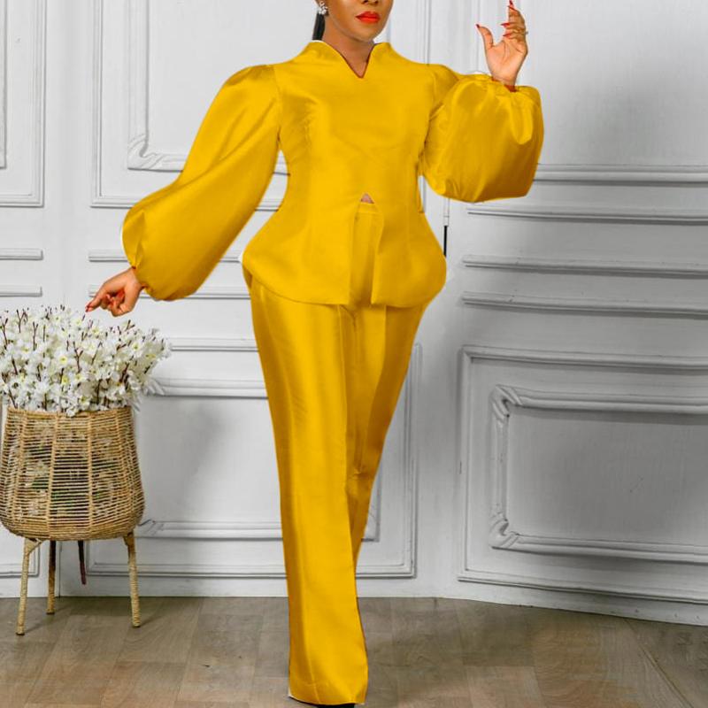 

Women' Two Piece Pants Long Lantern Sleeves Wide Leg Trousers Slim Elegant Office Ladies Autumn Fashion Yellow White Suits Female Women Pie