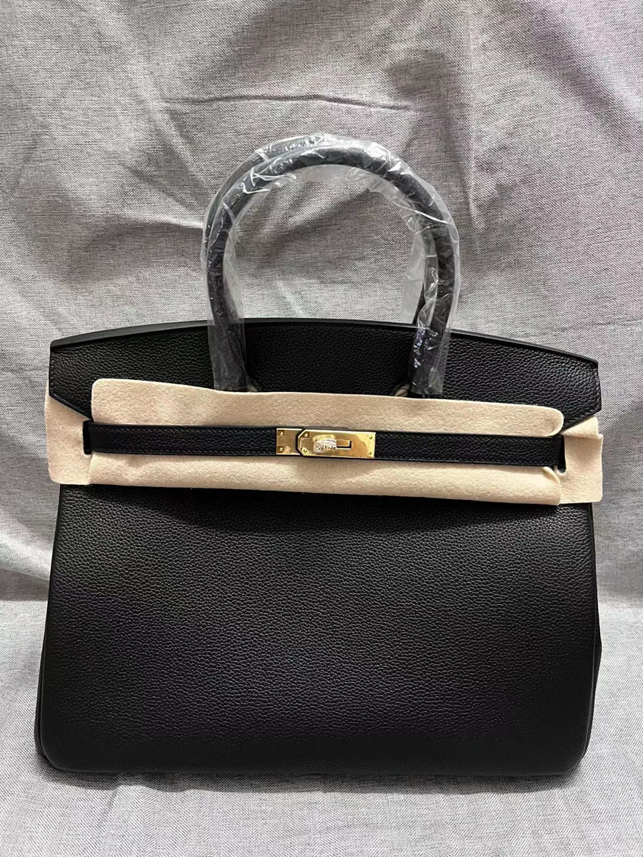 

35cm tote togo leather brand handbag fully handmade 2 wax line stitching black etain etaupe blue 4colors to choose in stock fast delivery, Gris etain