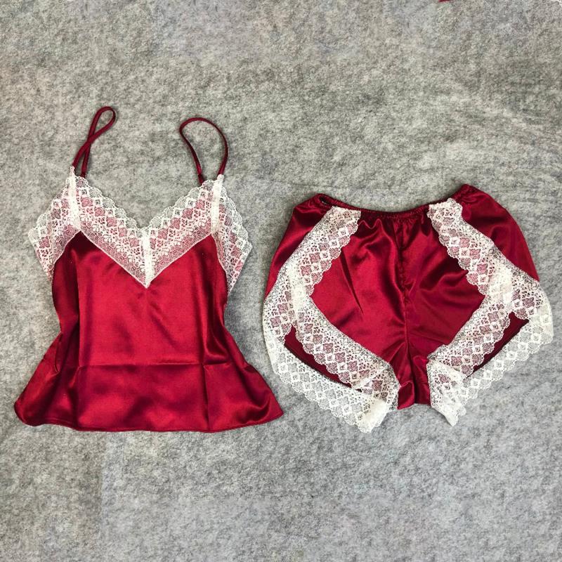 

Womens Sexy Sleepwear Satin Pajamas Set White Lace V-neck Sleeveless Top Cute Camisole And Shorts Female Sleeping Supplies, Pink