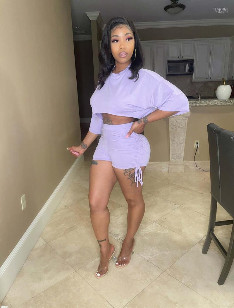 

Women' Tracksuits 2022 Summer Casual Fashion Women Slimming Street Sexy Solid Color Multi-Color Tie Sports Short Sleeve Pieces Set, Black