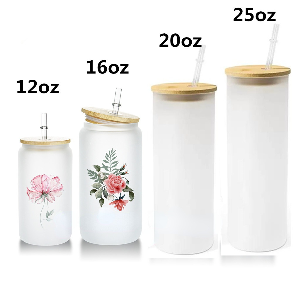 

12oz 16oz 20oz 25oz Mugs Straight Blank Sublimation Frosted Clear Transparent Coffee Glass Cup Tumblers with Bamboo Lid And Straw 0322, Clear with straw and lid