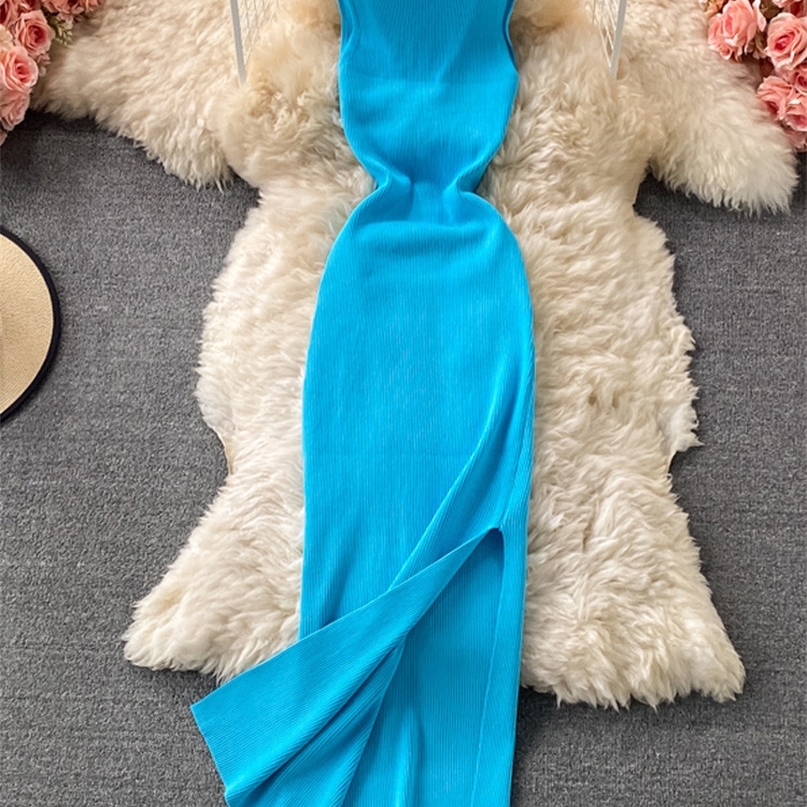 ALPHALMODA Summer Hollow Out Twisted Back Sleeveless High Slit Sexy Women Knitted Dress Solid Color Feminine Mid calf 220521