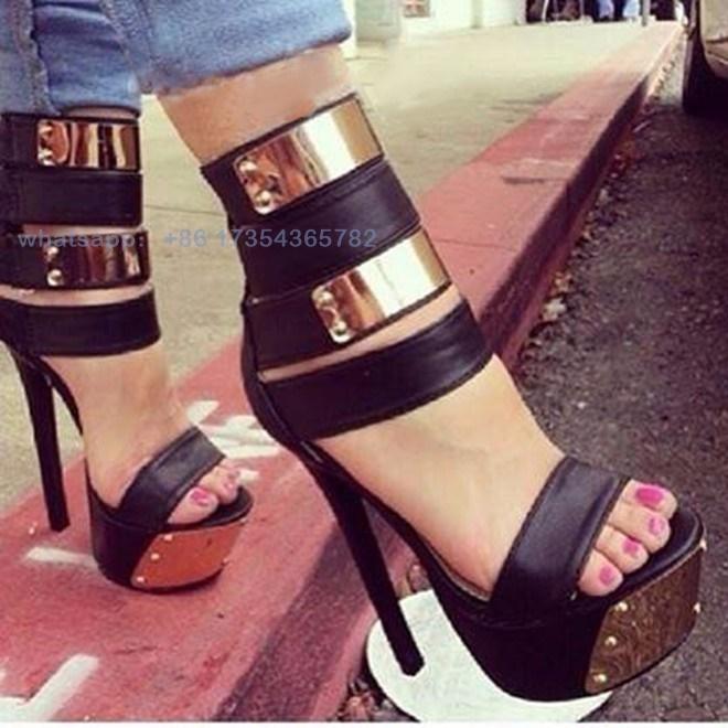 

Sandals Black\Pink Peep Toe Platform Sexy Back Zipper Golden Metal Strappy Gladiator Sandal Women Big Size Super High Heel Shoes, As photo