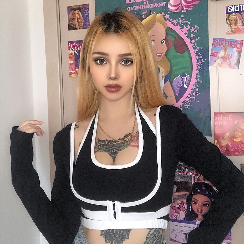 

Women' Jackets Zip Up Crop Jacket Layered Cropped Halter High Waist Long Sleeve T-Shirt O8iB#, Black