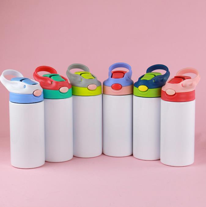 

12OZ Sublimation Blanks Kids Tumbler Baby Bottle Sippy Cups White Water Bottle with Straw and Portable Lid 5 Color Lids Children Cups, As picture