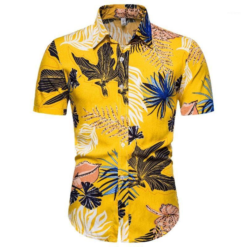 

Brand Yellow Hawaiian Shirt Men Flower Print Short Sleeve Cotton Casual Slim Fit Dress Shirts Chemise Homme Camisa Masculina Men's, Cs149