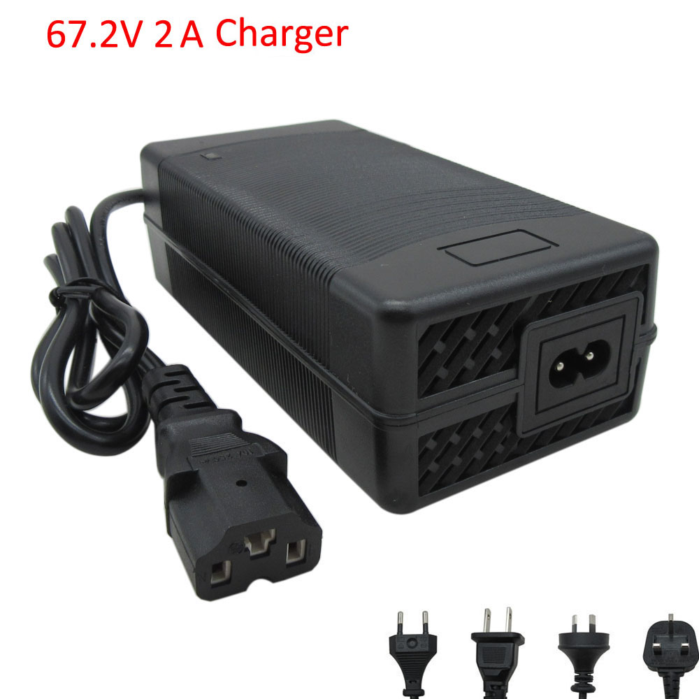 

16S 60V Li ion Charger 67.2V 2A 67.2 Volt Lithium Adapter T/PC/IEC 3PIN Plug for 60 V 20AH Ebike Scooter Motorcycle Battery