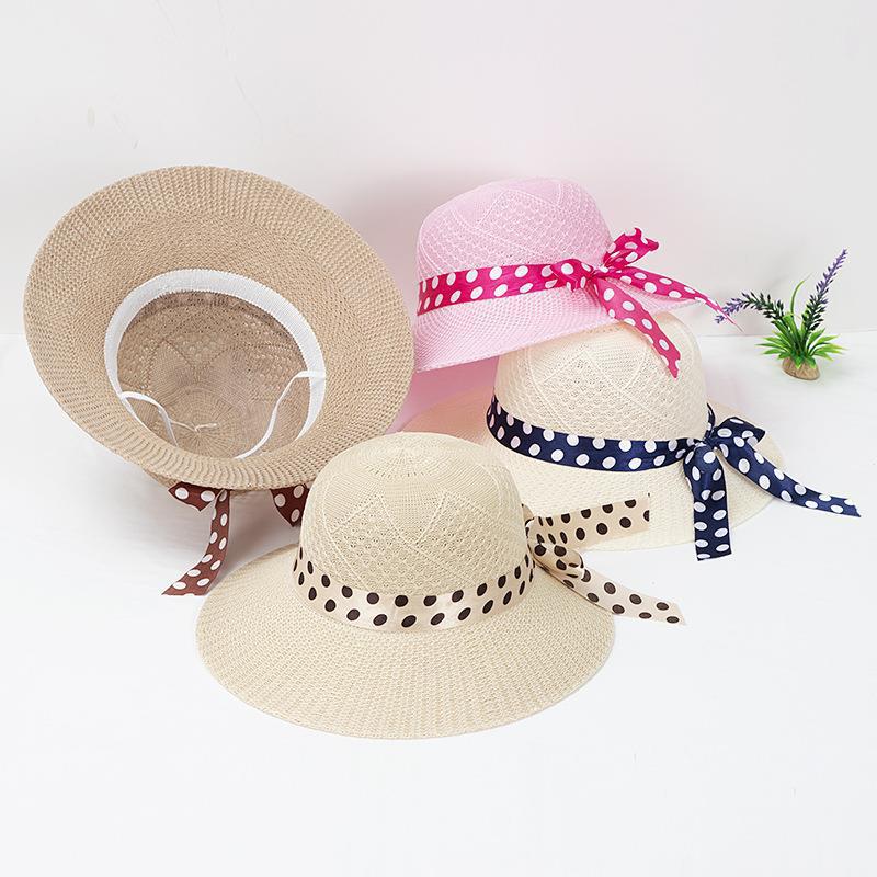 

Wide Brim Hats Foldable Big Polka Dot Sun Hat Solid Color Simple All-match Sunscreen Female Stylish Ribbon Bowknot HatsWide, White