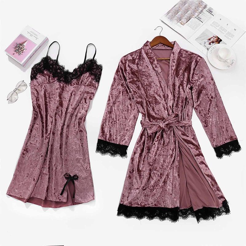 

Women' Sleepwear Pajamas Set Women 2pc Robe Nightgown Sets Casual Sleep Suit Sexy Lace Home Pajama NightwearWomen, Black