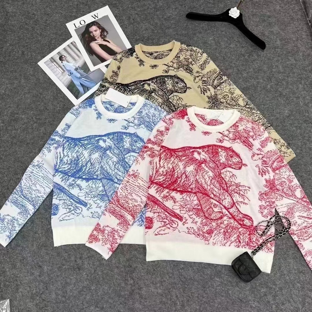 Designer Top Quality Women's Knits Sweater Jungle Animal Jacquard Print Crew Neck Long Sleeves