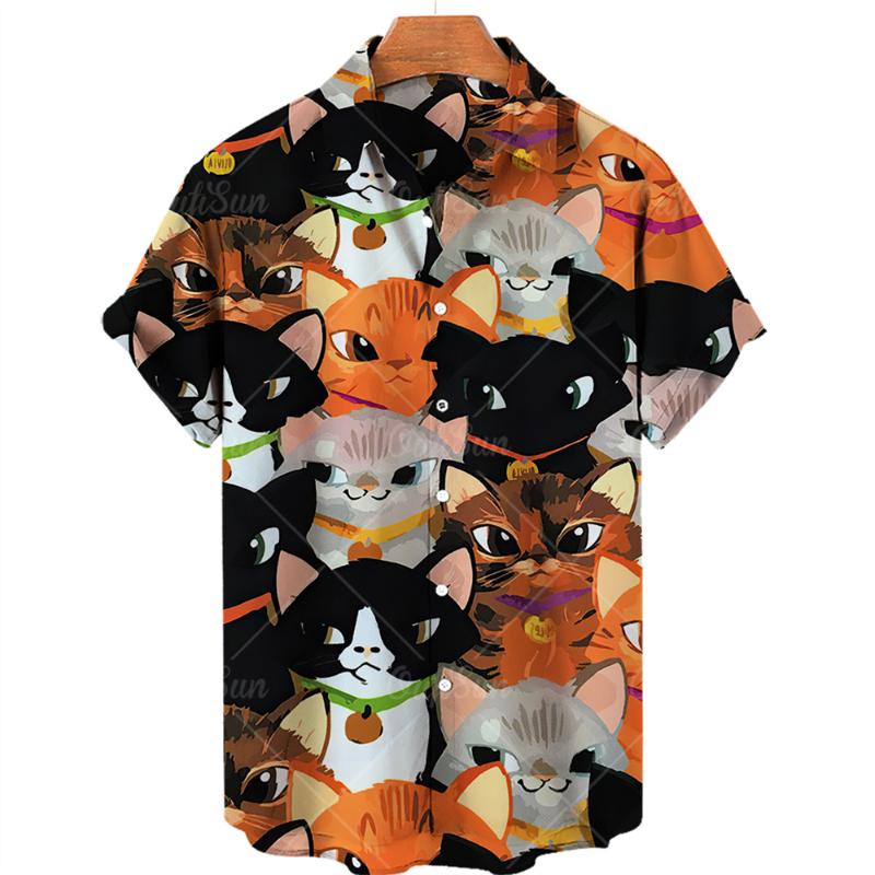 

Men' Casual Shirts Summer Mens Hawaiian Shirt 3d Animal Black Cat Printed Short Lapel Sleeve Oversized Hawaii Men Beach Floral ShirtsMen, Zl-2428