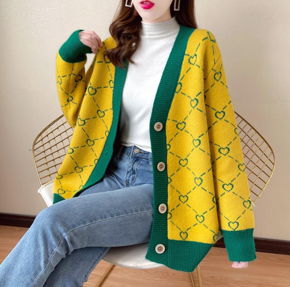 

New Women Sweaters rOversized Knitted Printed Cardigans Autumn Winter Cashmere V-Neck Loose Sweater Female Casual Knitwear Tops, Green