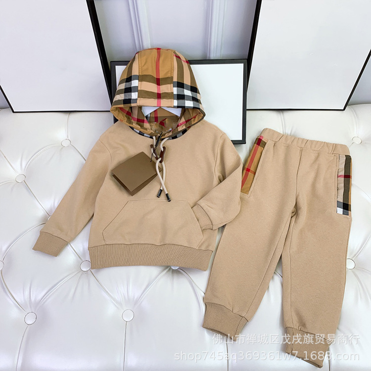 

children's suit spring Plaid hooded long sleeved sweater sports pants two-piece set, Style 1