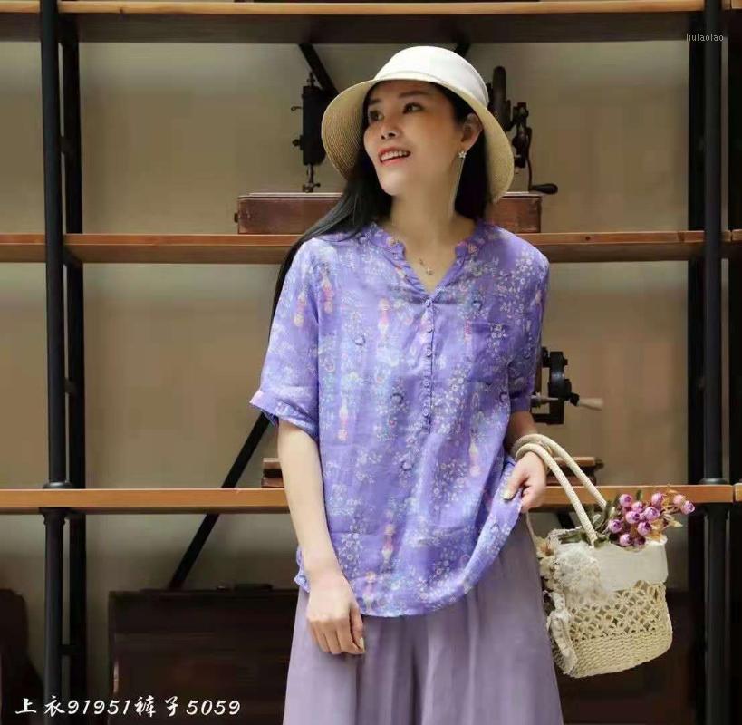 

Women's Blouses & Shirts 21 Women Summer Sweet Style Printed Loose V-NecK Collar Buttons Female Linen Fashion Tops Tide