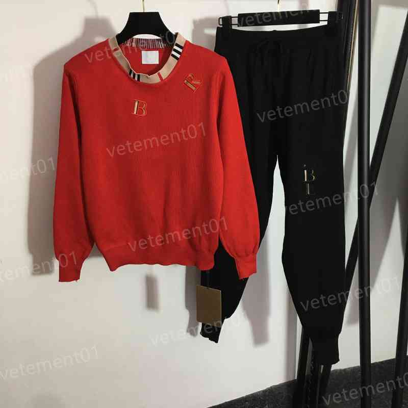 

Womens Two Piece Pants Embroidered Letter Plaid Print Crew-neck Sweater And Cuffed Trousers 2 Pieces Sets Luxury Designer Tracksuits