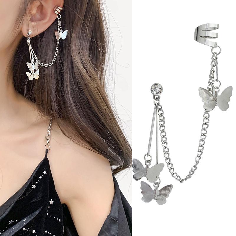 

Dangle & Chandelier Fashion Geometric Butterfly Pendant Clip Earring For Women Ear Cuffs Cool Jewelry Retro Chain Long Hanging Earings Metal