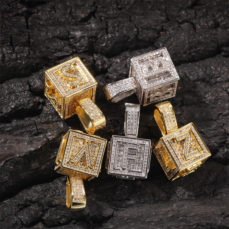 Mens Hip Hop Iced Out Initial Letter Necklace Pendant Gold Silver Cube Dice Hiphop Necklaces C3-image-783313198