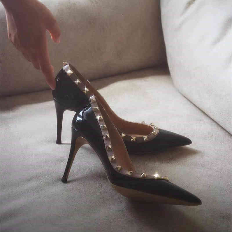 Sandals With source standard Ding class V family black high heels women's pointed leather rivets sexy stiletto shoes women