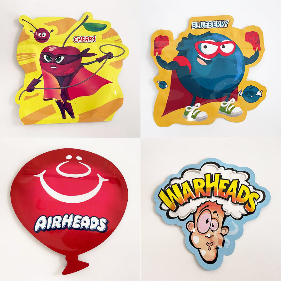 

cut out special shaped edible candy mylar packaging bags airheads warheads xtremes irregular shape smell proof zipper plastic pouch in stock
