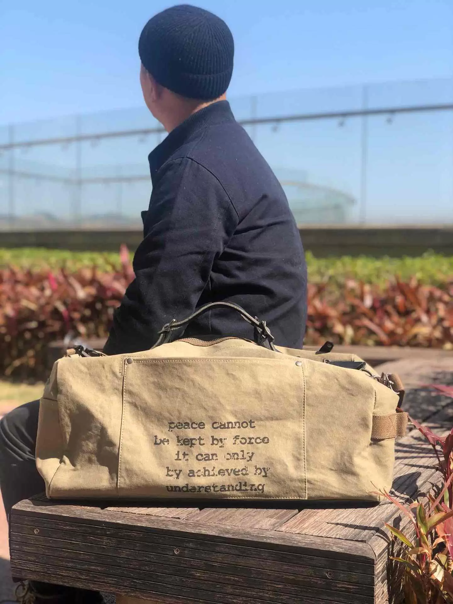 

Suitcases Men's Msenger Ami Khaki Encrypted Canvas with Tree Cream Cowhide Travel Bag