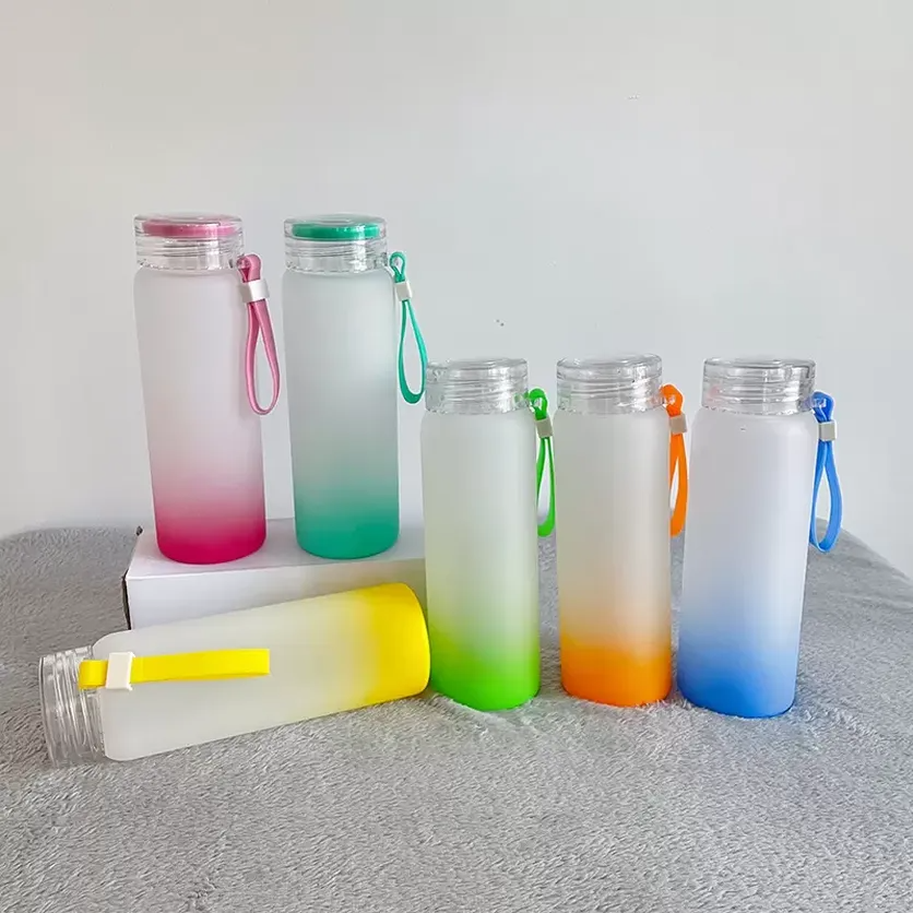 

500ml Sublimation Glass Water Bottle 17oz gradient colors Frosted Glasses Water Bottles outdoor sports carrying drinking Tumbler sxjun12, As pic