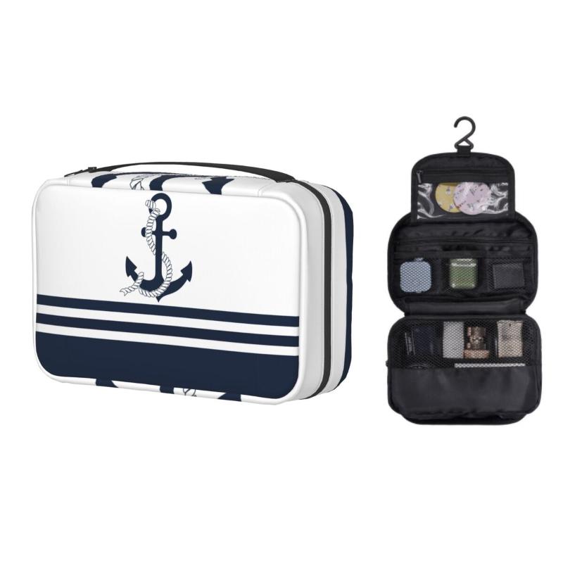 

Cosmetic Bags & Cases Nautical Blue Anchors With White Stripes Travel Toiletry Bag Hanging Sailing Sailor Makeup Organizer Dopp KitCosmetic