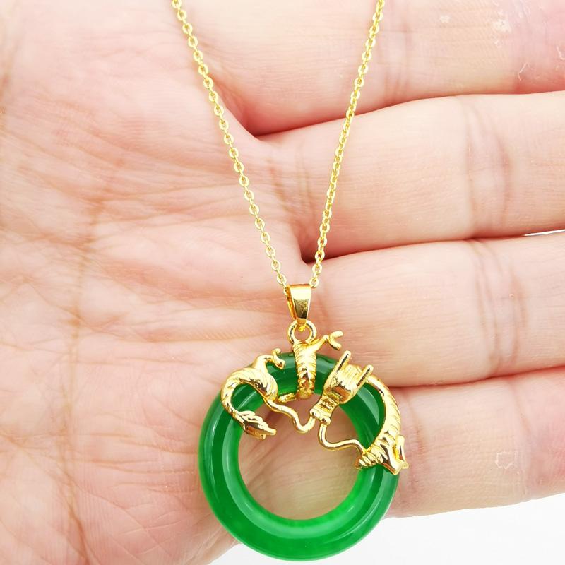 

Pendant Necklaces Green Jades Stone Rondelle Bead Carved Dragon Chain 1PCSPendant