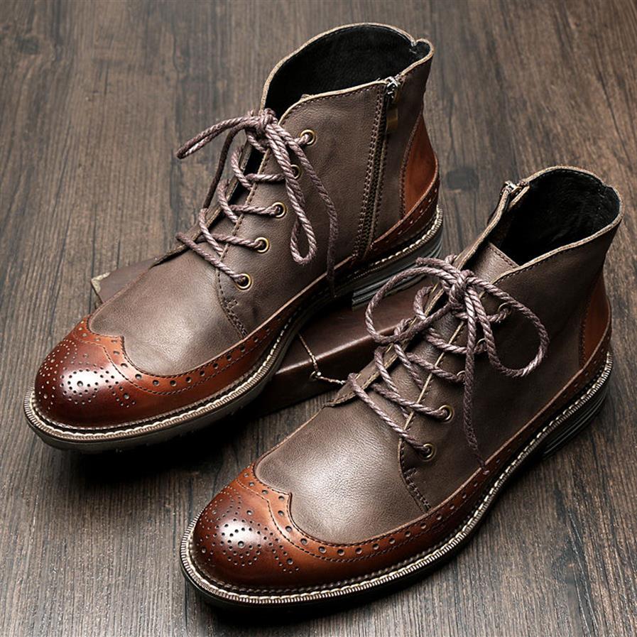 

US6-9 Mens Genuine Leather British Style Lace Up Wing tips Martin Boots Casual Winter Formal Dress Oxfords Fretwork Boots Brogue S234e, Brown