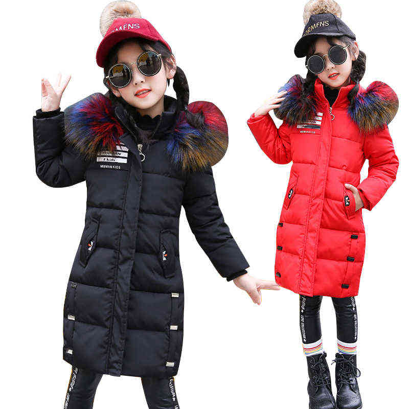 

Girls Winter Mid-Length Color Large Fur Collar Cotton Jacket Girl Letter Print Plus Velvet Thick Hooded Fashion Cotton Jacket J220718, Black