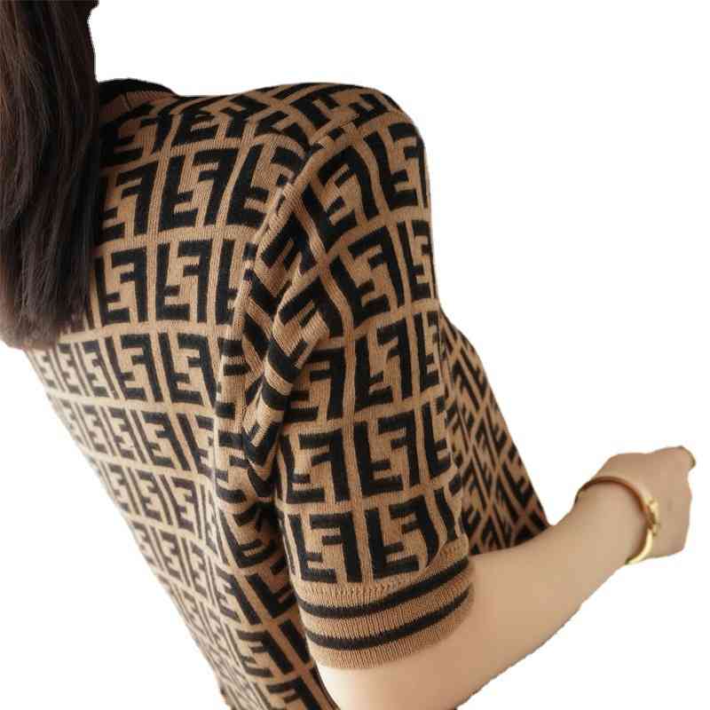 

2022 Summer Cotton Korean T-shirt High-end Foreign Style Double f Letter Women' Knitted Short Sleeve Loose Round Neck Top, Brown