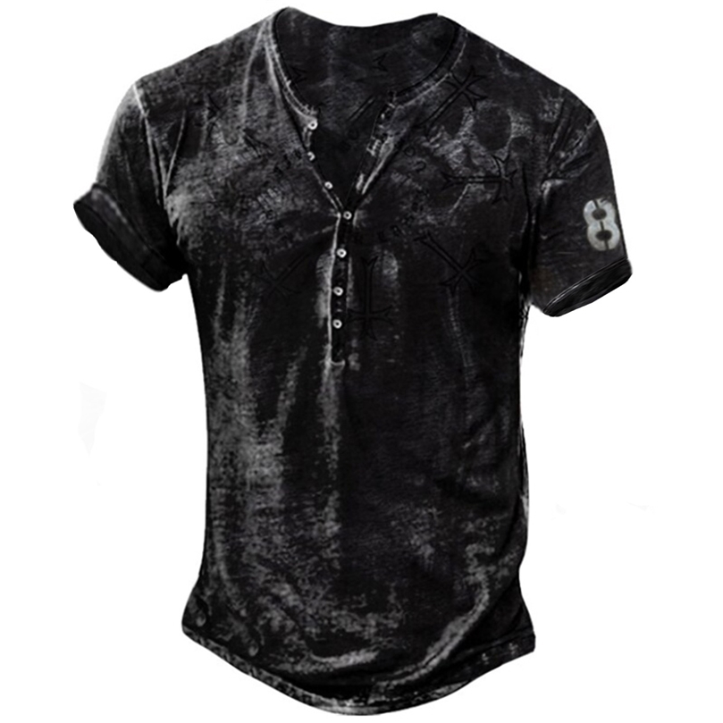 

Bababuy Men Punk Style Short Sleeve T-shirt Vintage Button V-Neck Loose Tops Fashion Pattern Printed Tee Men Streetwear 220407, Dt01