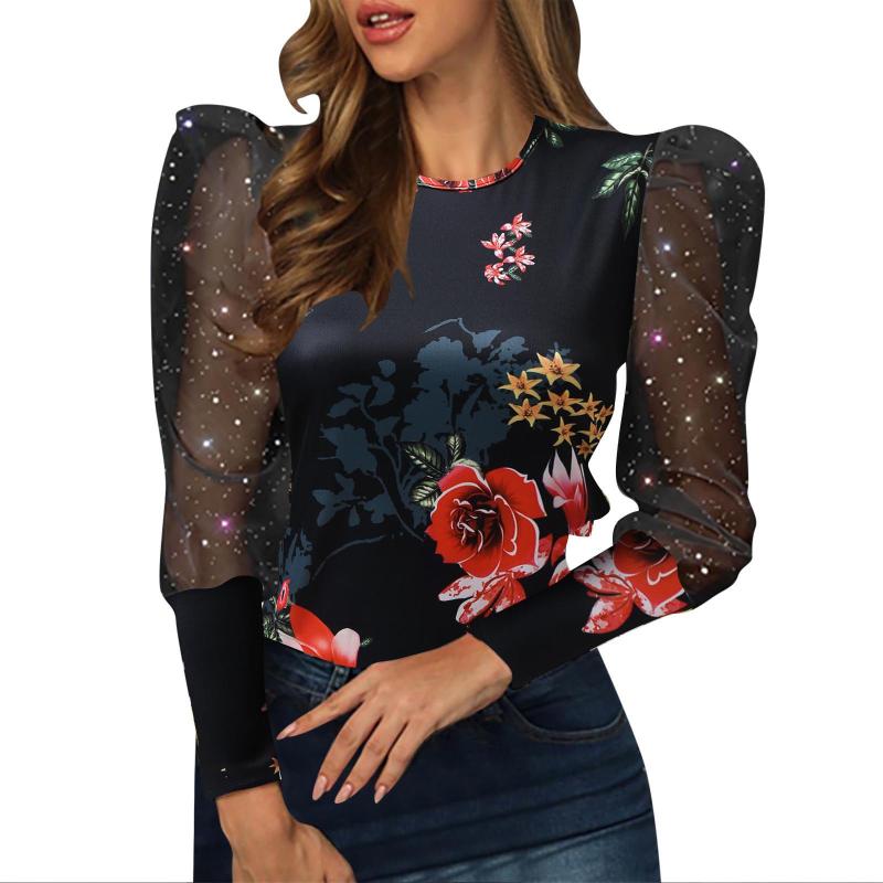

Women' Blouses & Shirts Ladies Button Down Blouse 2022 Women Sexy Top Round Neck Lace Long Sleeve Flower Print For Leggings WomenWomen, Black