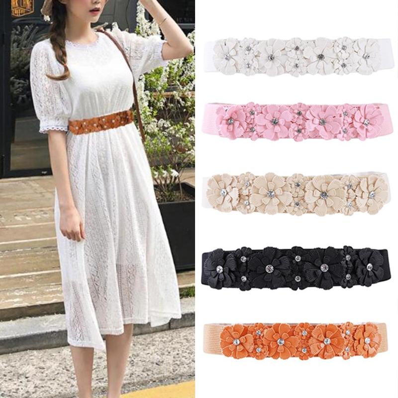 

Belts Korean Style Windbreaker Elastic Waistband Floral Decoration Wide Belt Ladies Alloy Dress Women Accessory, Pink