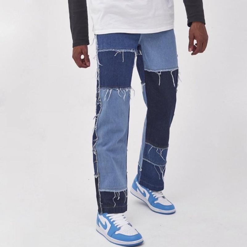 Men's Jeans Men Wash Splice Casual Straight Tassel Patchwork Trousers Male Fashion Streetwear Loose Hip Hop Denim Full Length PantsMen'