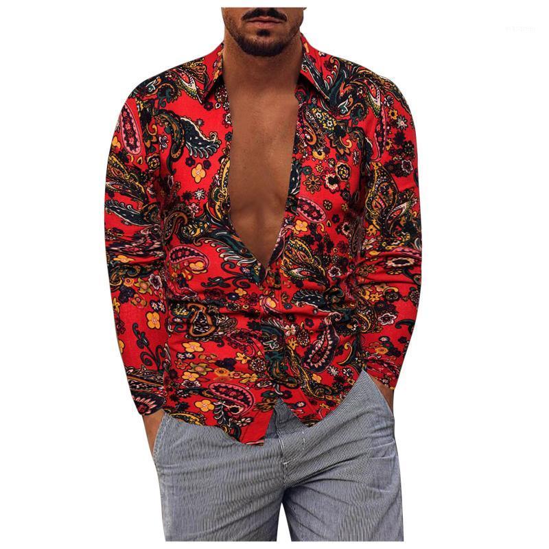 

Men's Casual Shirts Autumn Hawaiian Shirt Fashion Long-Sleeved For Men Plus Size Cotton And Linen Lapel Chemise Homme, Red