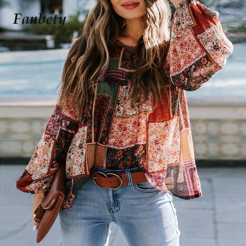 

Women Bohemian Clothing Puff Sleeve Blouse Shirt Vintage Floral Print O Neck Tops Blouses Casual Patchwork Loose Blusa Feminina Women' & Sh, Green